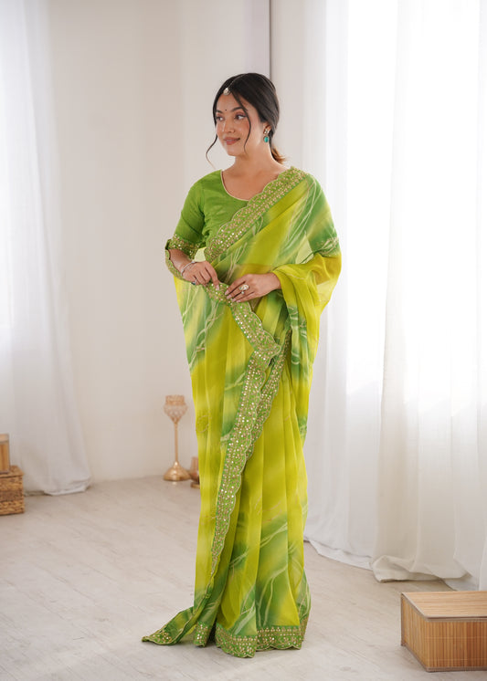 Mehendi Green Georgette Chiffon Saree with Gold Embroidered Border