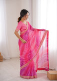 Pink Georgette Chiffon Saree with Gold Embroidered Border