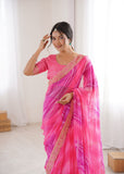 Pink Georgette Chiffon Saree with Gold Embroidered Border