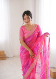 Pink Georgette Chiffon Saree with Gold Embroidered Border