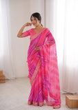 Pink Georgette Chiffon Saree with Gold Embroidered Border