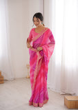 Pink Georgette Chiffon Saree with Gold Embroidered Border