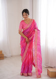 Pink Georgette Chiffon Saree with Gold Embroidered Border