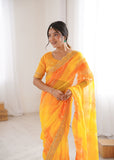Yellow Georgette Chiffon Saree with Gold Embroidered Border
