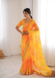 Yellow Georgette Chiffon Saree with Gold Embroidered Border