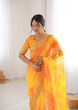 Yellow Georgette Chiffon Saree with Gold Embroidered Border