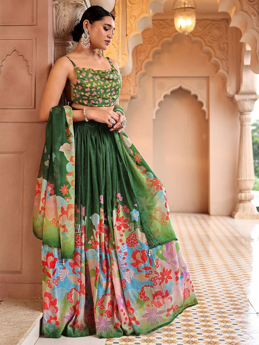 Viana Green Floral Lehenga Set with Embroidered Blouse & Dupatta