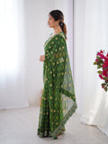 Green Printed Georgette Saree Gold Embroidered Border