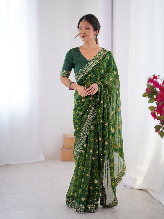 Green Printed Georgette Saree Gold Embroidered Border