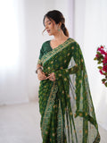 Green Printed Georgette Saree Gold Embroidered Border