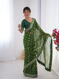 Green Printed Georgette Saree Gold Embroidered Border
