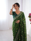 Green Printed Georgette Saree Gold Embroidered Border