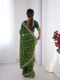 Green Printed Georgette Saree Gold Embroidered Border