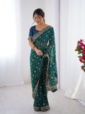 Teal Blue Printed Georgette Saree Gold Embroidered Border