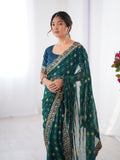 Teal Blue Printed Georgette Saree Gold Embroidered Border