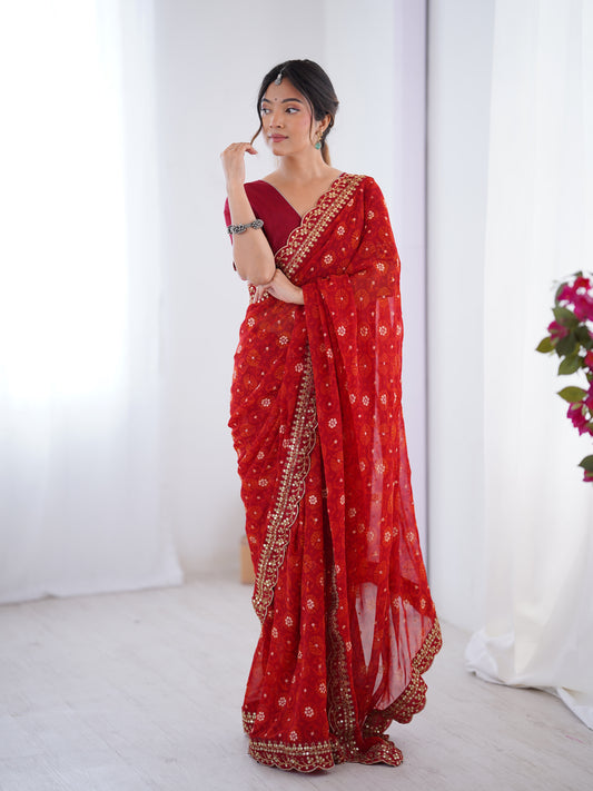Red Printed Georgette Saree Gold Embroidered Border