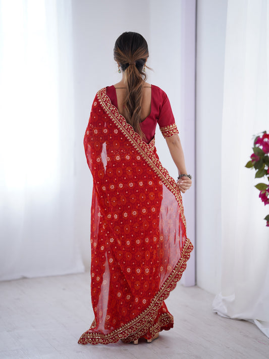 Red Printed Georgette Saree Gold Embroidered Border