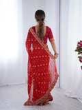 Red Printed Georgette Saree Gold Embroidered Border
