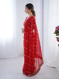Red Printed Georgette Saree Gold Embroidered Border