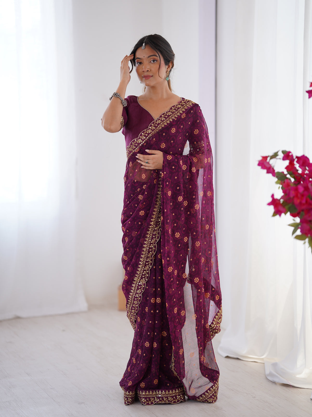 Wine Printed Georgette Saree Gold Embroidered Border