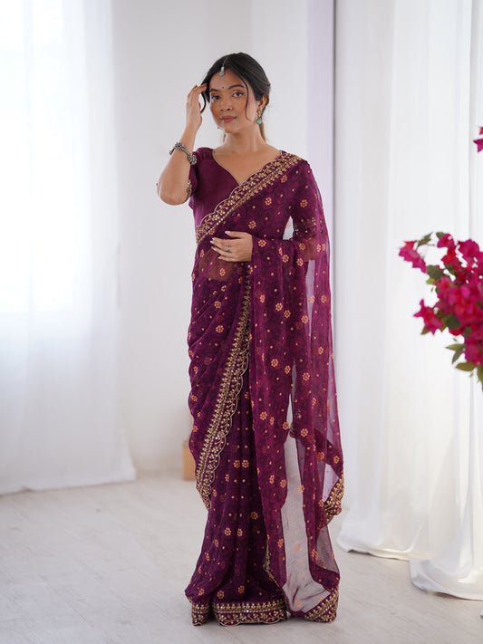 Wine Printed Georgette Saree Gold Embroidered Border