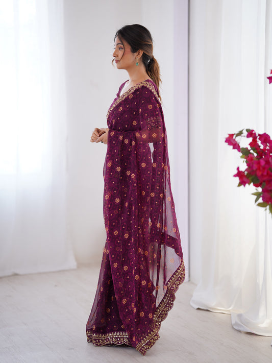 Wine Printed Georgette Saree Gold Embroidered Border