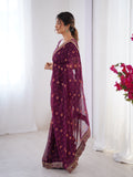 Wine Printed Georgette Saree Gold Embroidered Border