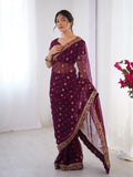 Wine Printed Georgette Saree Gold Embroidered Border