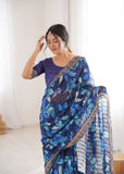 Blue Printed Georgette Saree with Gold Embroidered Border