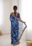 Blue Printed Georgette Saree with Gold Embroidered Border