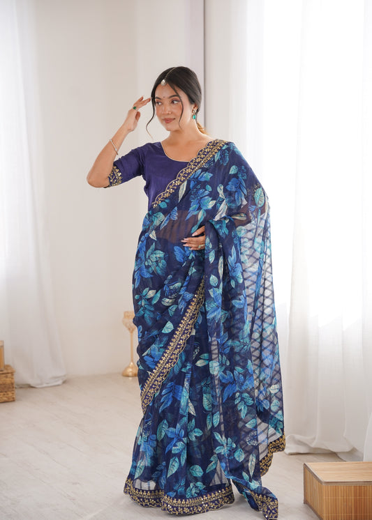 Blue Printed Georgette Saree with Gold Embroidered Border