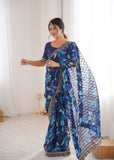 Blue Printed Georgette Saree with Gold Embroidered Border