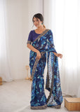 Blue Printed Georgette Saree with Gold Embroidered Border