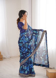 Blue Printed Georgette Saree with Gold Embroidered Border