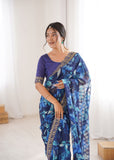 Blue Printed Georgette Saree with Gold Embroidered Border