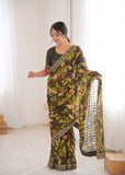 Mehendi Green Printed Georgette Saree with Gold Embroidered Border