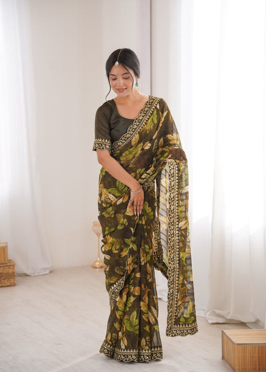 Mehendi Green Printed Georgette Saree with Gold Embroidered Border