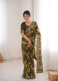 Mehendi Green Printed Georgette Saree with Gold Embroidered Border