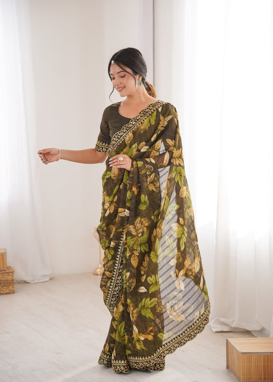 Mehendi Green Printed Georgette Saree with Gold Embroidered Border