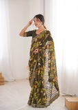 Mehendi Green Printed Georgette Saree with Gold Embroidered Border