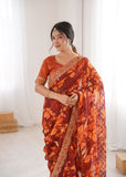 Orange Printed Georgette Saree with Gold Embroidered Border