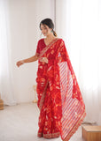 Red Printed Georgette Saree with Gold Embroidered Border
