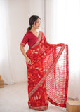 Red Printed Georgette Saree with Gold Embroidered Border
