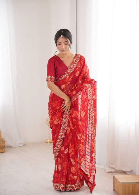 Red Printed Georgette Saree with Gold Embroidered Border