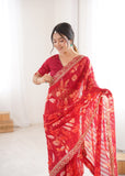 Red Printed Georgette Saree with Gold Embroidered Border