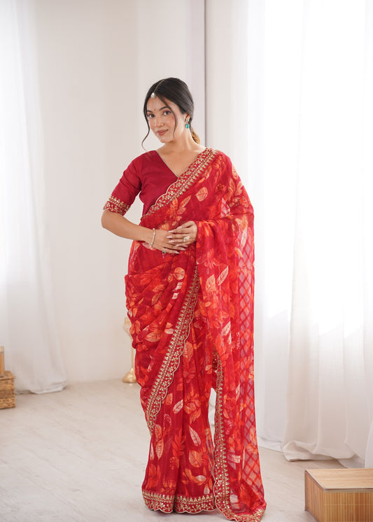 Red Printed Georgette Saree with Gold Embroidered Border