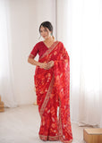 Red Printed Georgette Saree with Gold Embroidered Border