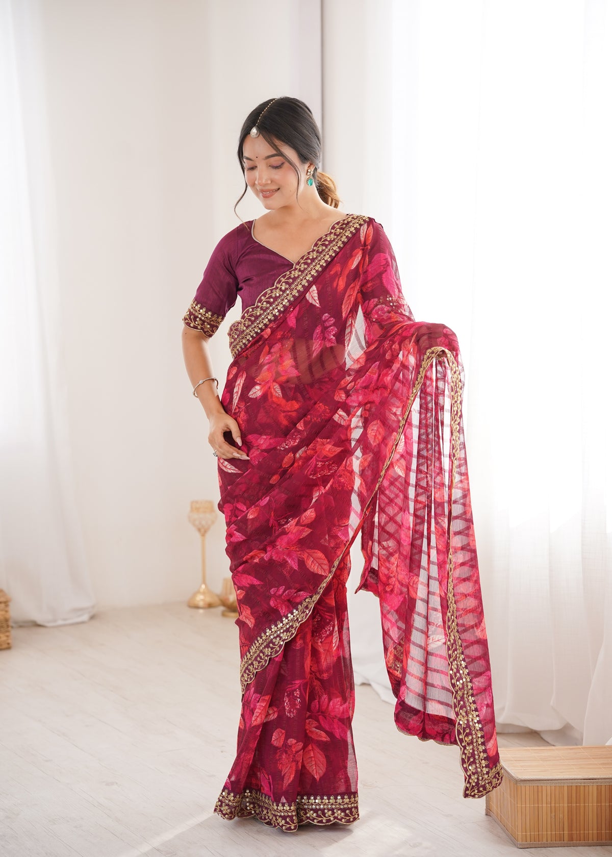 Wine Printed Georgette Saree with Gold Embroidered Border