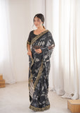 Black Printed Georgette Saree with Gold Embroidered Border