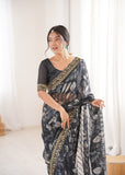 Black Printed Georgette Saree with Gold Embroidered Border